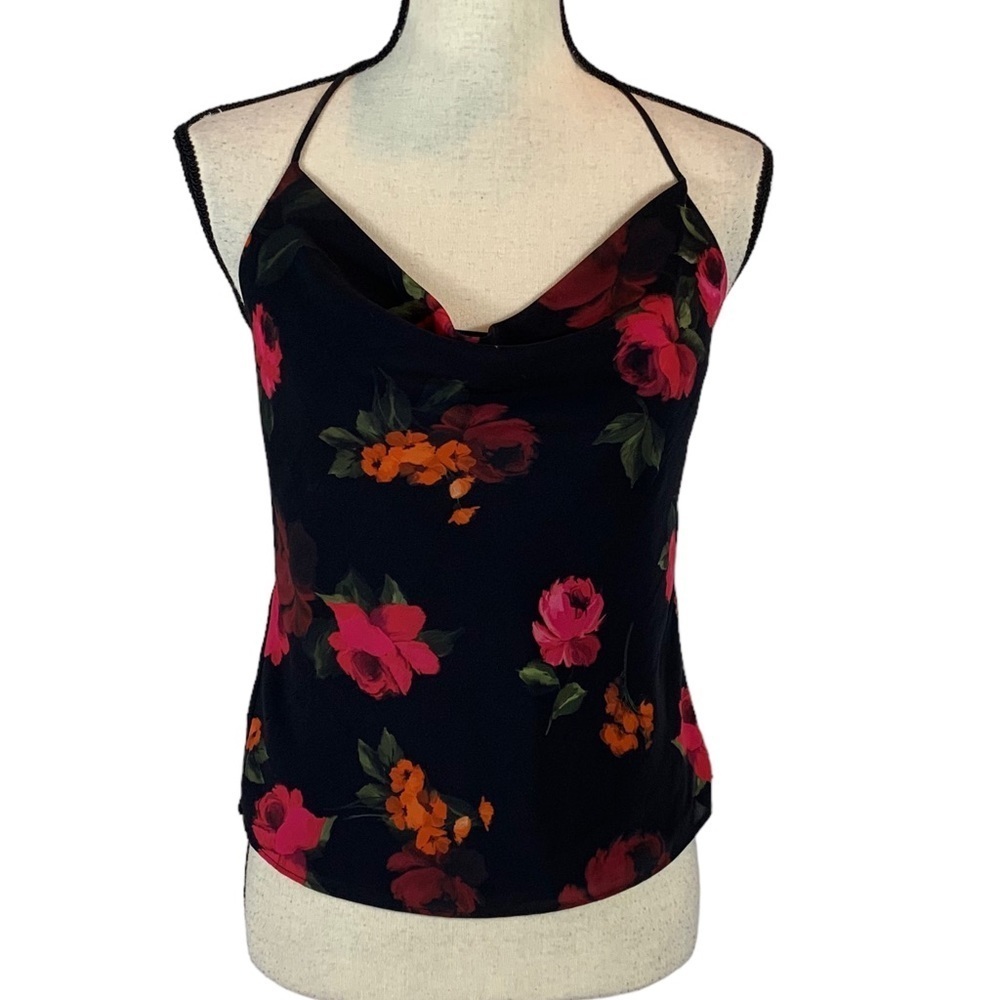 Topshop Neck Tie Back Cowl Neck Crop Top - Black Red - size 4